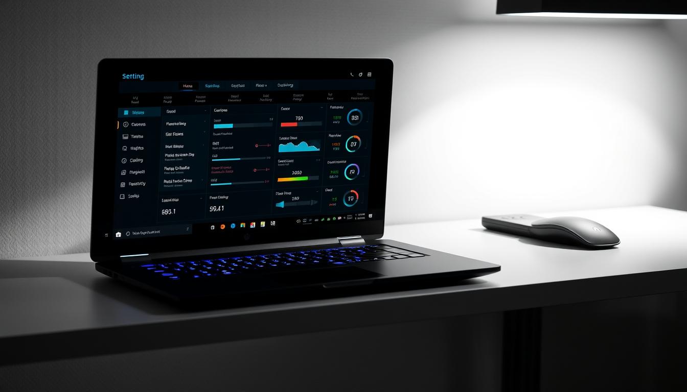A sleek, high-tech gaming laptop on a minimalist desk, its screen displaying an array of in-game settings and performance metrics. The desktop environment features a clean, monochromatic color palette, with strategic pops of accent colors highlighting key optimization controls. Soft, directional lighting casts subtle shadows, emphasizing the laptop's angular, premium design. The overall atmosphere conveys a sense of precision, control, and the pursuit of peak gaming performance.
