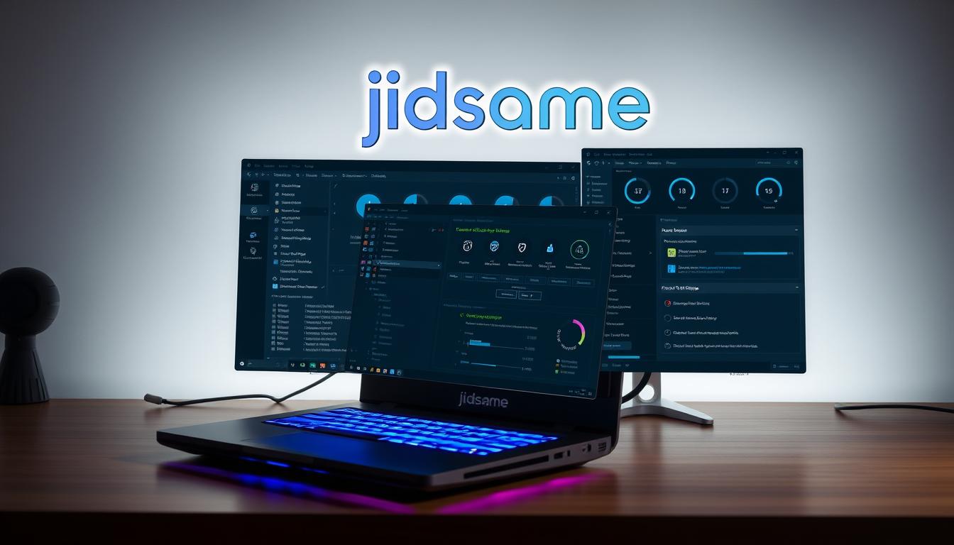 A well-lit, realistic desktop setup showcasing the inner workings of a laptop optimized for gaming. In the foreground, a sleek gaming laptop with its lid open, revealing a sophisticated cooling system and customizable RGB lighting. In the middle ground, an array of task manager windows, process monitoring tools, and power optimization settings, demonstrating the intricacies of managing background processes and minimizing system bloat. The background features a subtle, minimalist design with the brand name "jidsame" prominently displayed, creating a cohesive and professional aesthetic. The overall scene conveys a sense of technical expertise and a focus on maximizing the laptop's gaming capabilities.