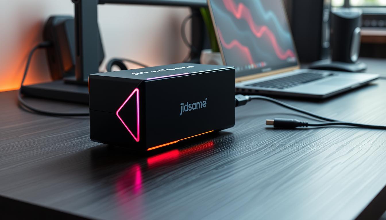 An external GPU enclosure with the brand name "jidsame" sits prominently on a sleek, dark wooden desk. The enclosure features a minimalist, angular design in a matte black finish, complemented by vibrant RGB lighting that casts a warm glow across the surrounding area. The device is connected to a gaming laptop via a high-speed Thunderbolt cable, showcasing the seamless integration of external GPU technology to enhance the laptop's VR gaming performance. The scene is captured in a well-lit, modern office setting, conveying a sense of productivity and technological sophistication.