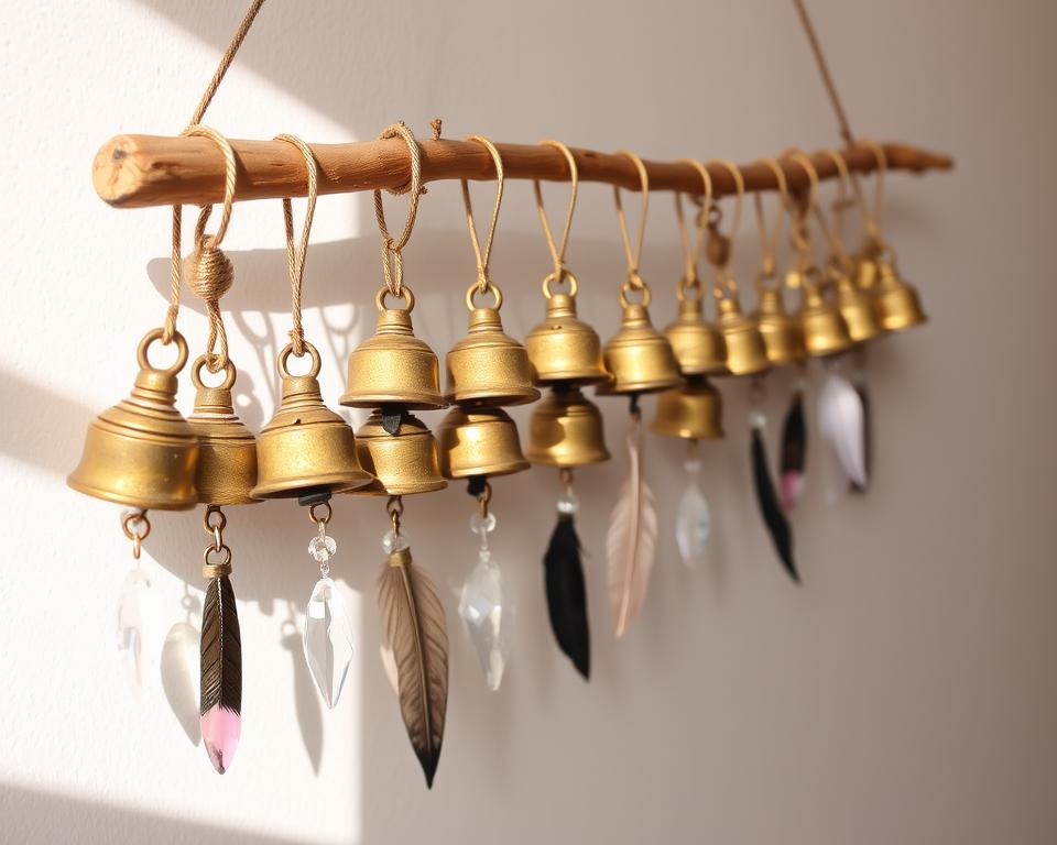 Decorative witch bells with crystals and feathers for protection