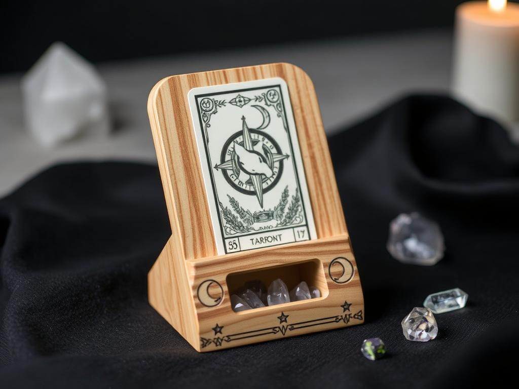 Wooden tarot card display stand with crystal accents