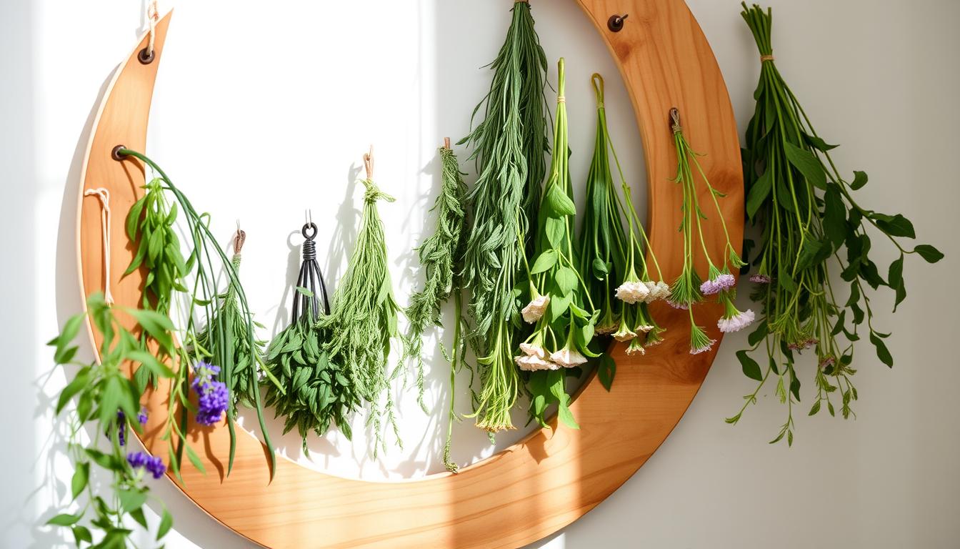 Crescent moon-shaped herb drying rack with hanging herbs