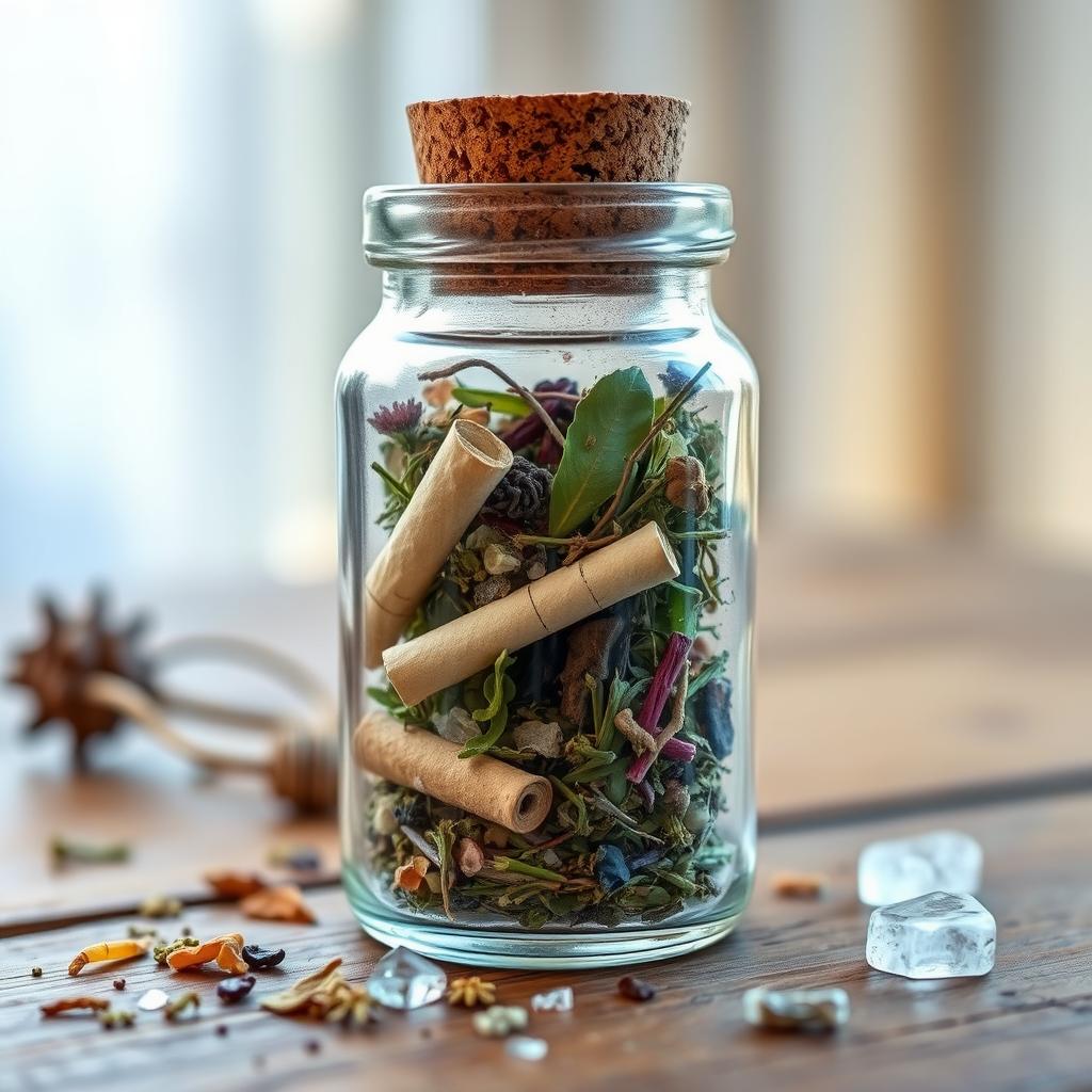 DIY Witchy Crafts Small glass jar filled with dried herbs, crystals and a rolled paper with intention