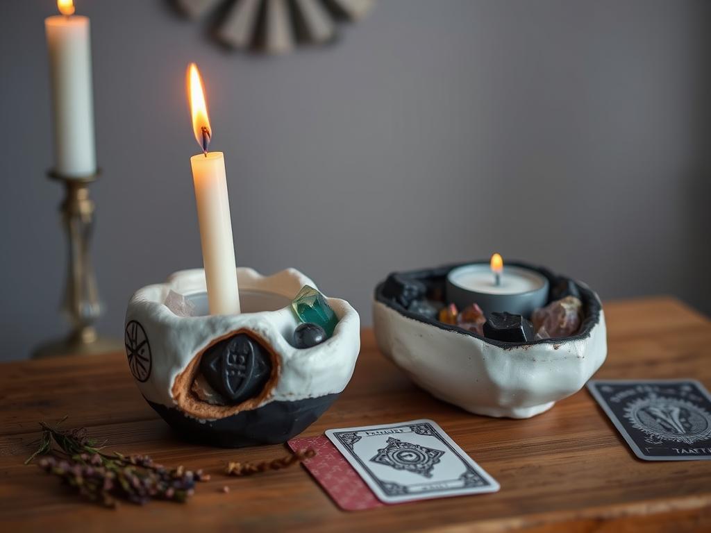 Handmade clay candle holders embedded with crystals