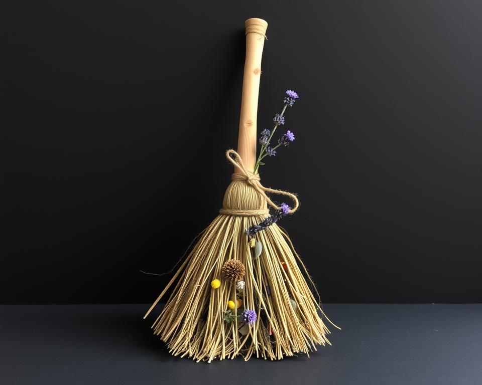 Small decorative witch broom made with natural materials and dried flowers