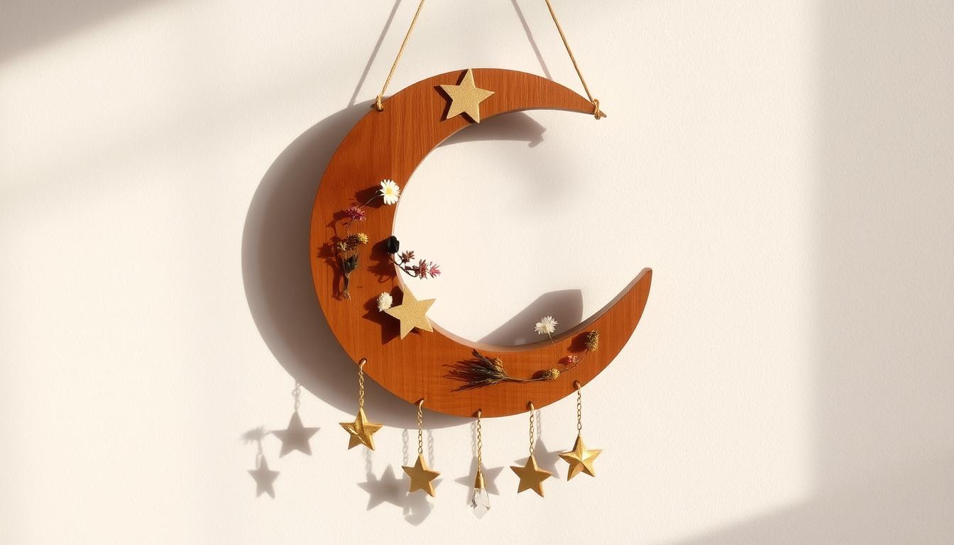 DIY Witchy Crafts Wooden moon and stars wall hanging with crystals and dried flowers