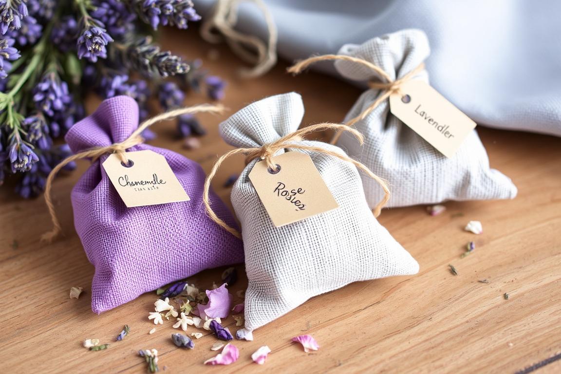 Small fabric sachets filled with dried herbs and flowers for dream magic