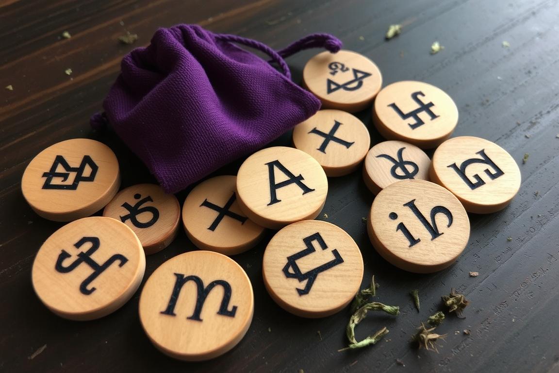 Handmade wooden rune set with burned symbols and a fabric pouch