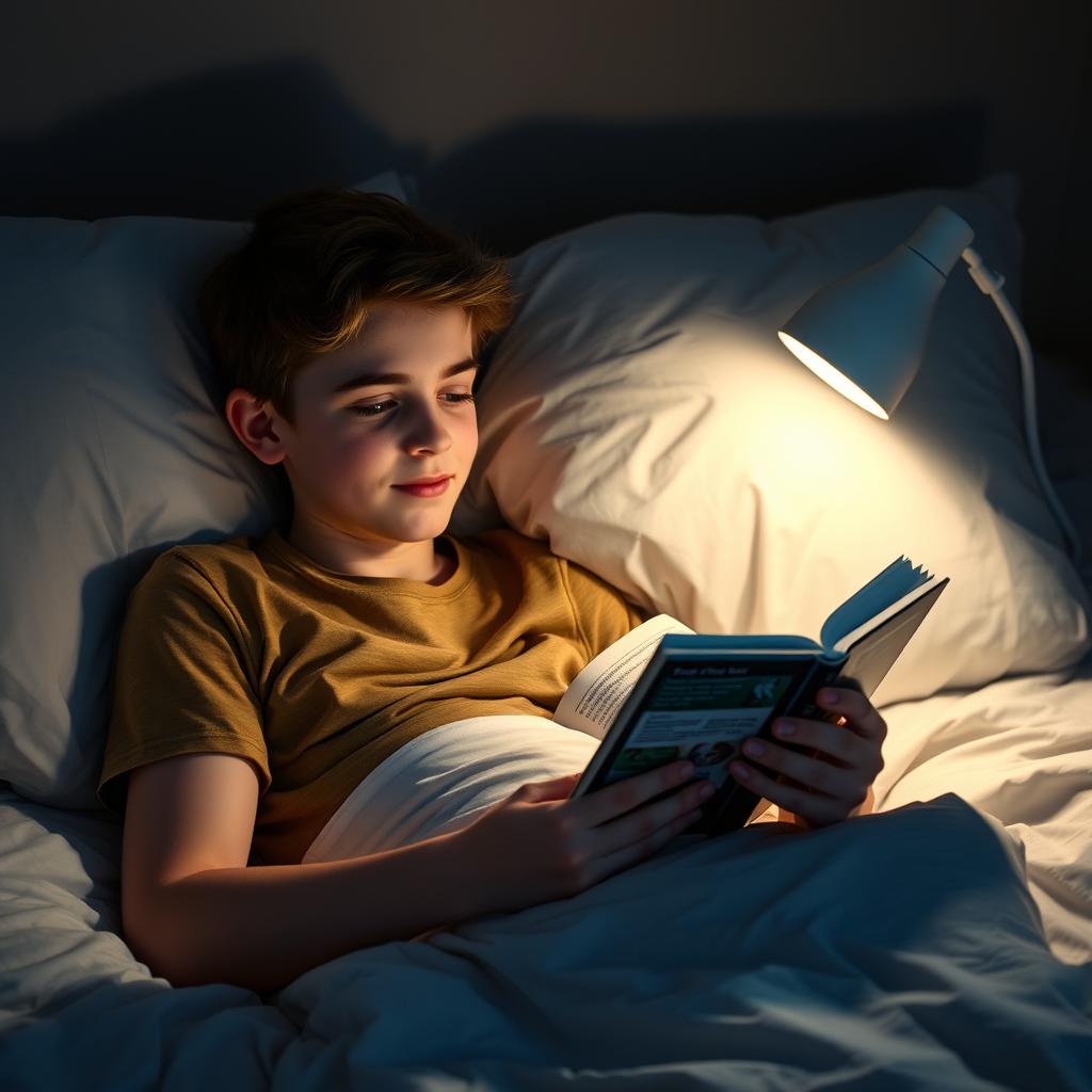 Teen reading book in bed as part of bedtime reading routine