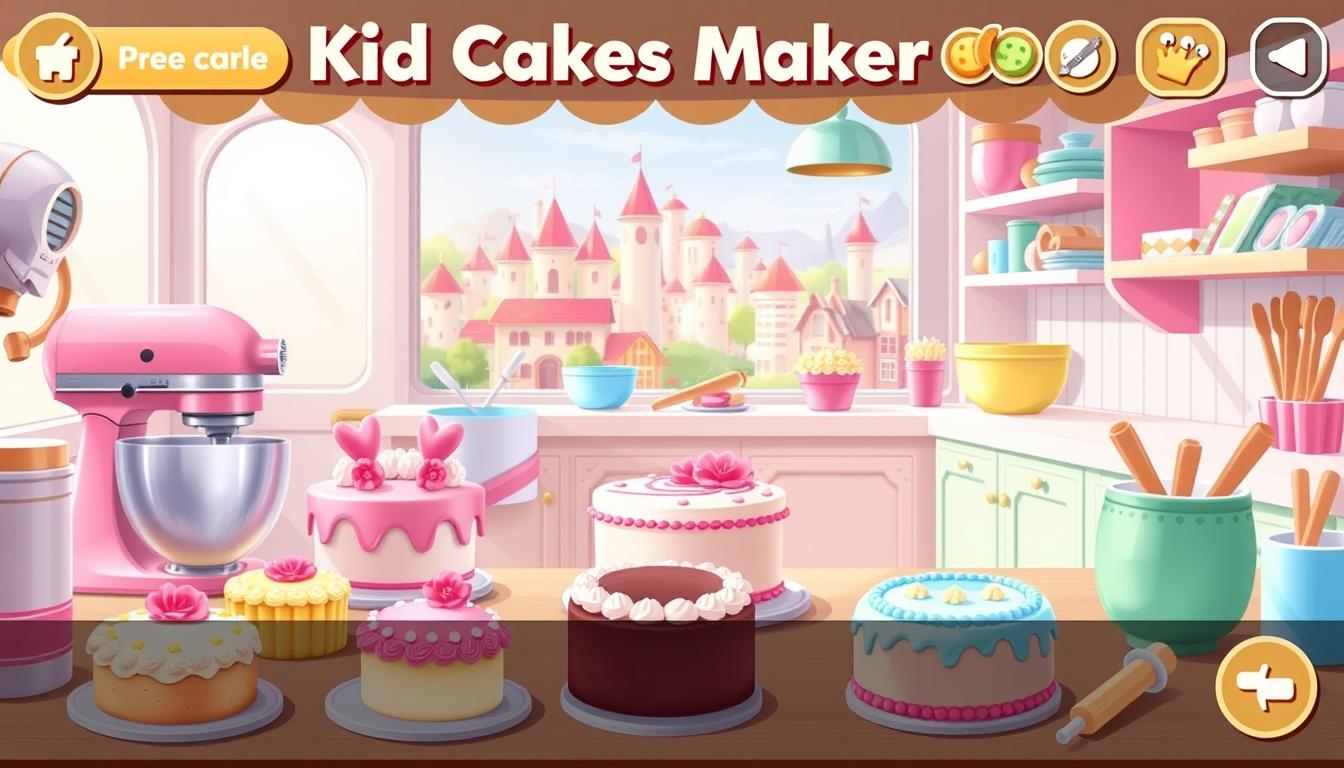 Detailed digital illustration of a &quot;Kid Cakes Maker&quot; game interface, showcasing a bakery-themed scene with colorful and whimsical elements. The foreground features a variety of customizable cake designs, icing tools, and baking accessories. The middle ground depicts a cheerful, pastel-colored kitchen setting with mixing bowls, rolling pins, and other cooking equipment. The background includes a charming, storybook-inspired cityscape with playful architecture and a warm, inviting atmosphere. The scene is illuminated by soft, natural lighting that enhances the vibrant colors and creates a cozy, welcoming ambiance. The overall composition conveys a sense of playfulness, creativity, and the joy of baking and decorating cakes.