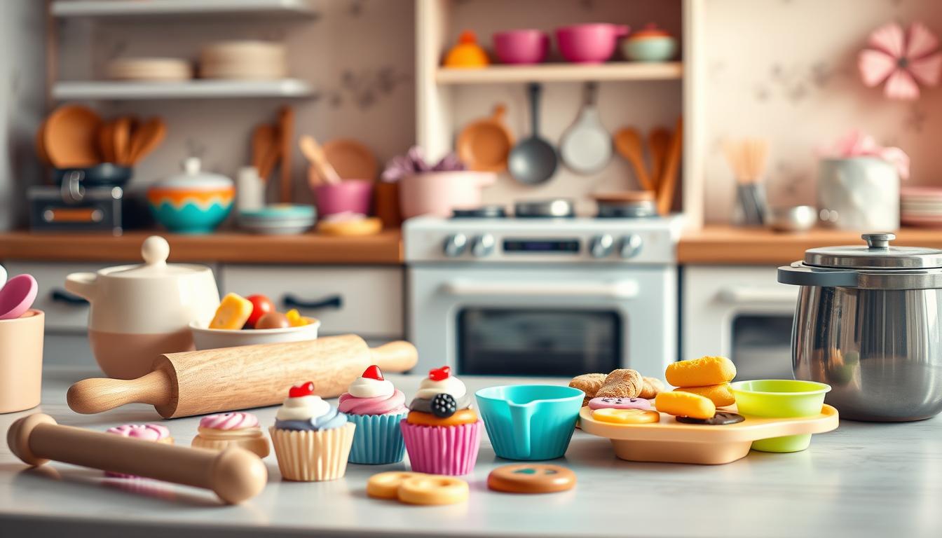 A cozy kitchen counter with an array of baking tools and ingredients, including a rolling pin, mixing bowls, and an assortment of measuring cups and spoons. In the foreground, a delightful play bakery set with colorful plastic cupcakes, cookies, and other pastries. The middle ground features a child-sized oven and stove, inviting young bakers to engage in imaginative cooking and baking. The background showcases a warm, pastel-toned scene, conveying a sense of homely comfort and joy. Soft, natural lighting illuminates the scene, creating a welcoming and inviting atmosphere for the young chef to explore the joys of baking.