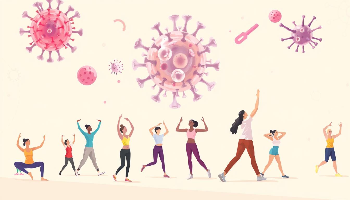 A vibrant, dynamic illustration depicting individuals engaged in a variety of physical exercises to strengthen the immune system. The foreground showcases people performing exercises like yoga, stretching, and light aerobics against a clean, minimalist background. The middle ground features larger-than-life depictions of immune system components like white blood cells and antibodies, emphasizing the connection between physical activity and immune function. The background has a warm, natural palette with subtle patterns and textures, creating a soothing, health-focused atmosphere. The lighting is soft and diffused, highlighting the figures' movements and the interplay between the physical and biological elements. The overall composition conveys a sense of balance, energy, and the empowering effects of regular physical activity on the body's natural defenses.
