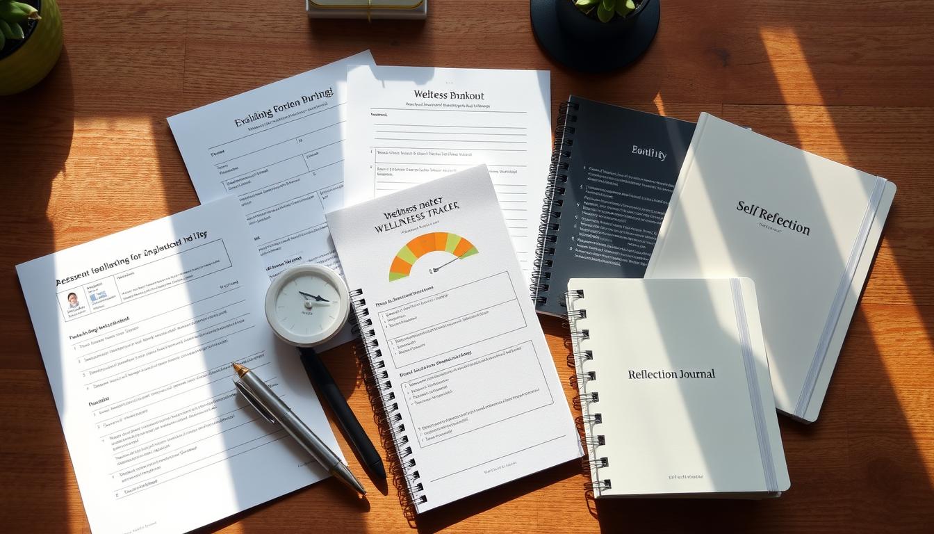 A neatly arranged assortment of assessment tools for evaluating burnout, including a questionnaire, a stress meter, a wellness tracker, and a self-reflection journal. The items are displayed on a wooden desk, with natural lighting streaming in from a window, casting a warm, contemplative atmosphere. The tools are presented in a minimalist, yet sophisticated style, suggesting a professional, clinical approach to managing burnout. The overall composition conveys a sense of introspection and a desire to gain deeper insights into one's well-being.