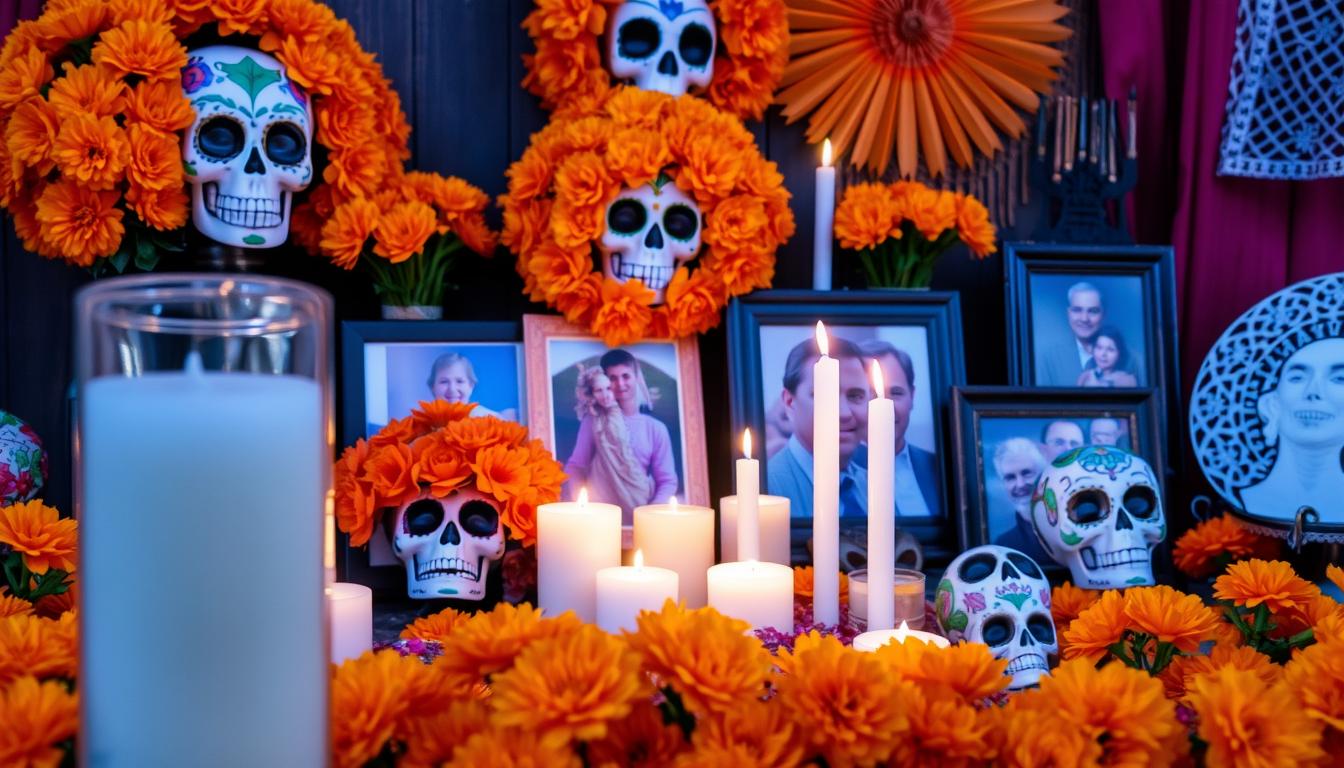 Colorful Day of the Dead altar with marigolds, candles, and sugar skulls representing Mexican holidays and traditions