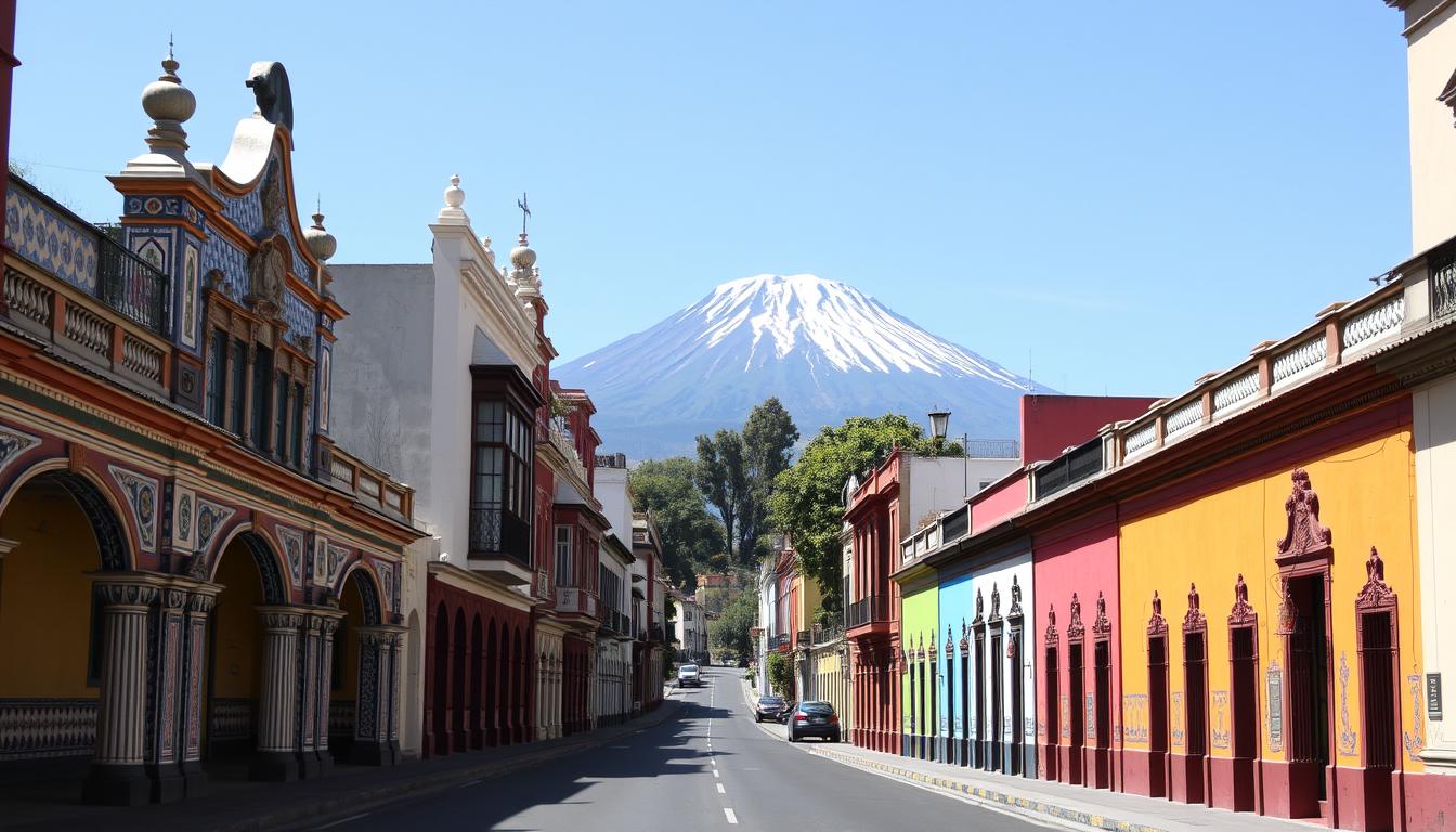 Colorful colonial buildings with Talavera tiles in Puebla with Popocatépetl volcano in the background - one of the best cities to visit in Mexico