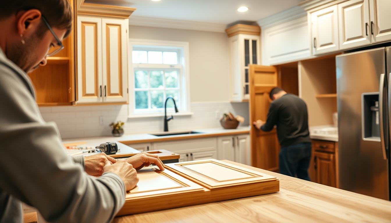 A bright, well-lit kitchen setting with the cabinet refacing process unfolding. In the foreground, a skilled craftsman meticulously measures and cuts replacement cabinet doors, their hands deftly wielding precision tools. The middle ground showcases the step-by-step transformation, with old cabinet fronts being removed and new ones carefully installed, the smooth, seamless transition captured in vivid detail. In the background, the kitchen's overall layout is visible, providing context for the focused refacing work. The scene exudes a sense of professional expertise, with a clean, organized workspace and a subtle harmony of warm wooden tones and cool metallic accents.