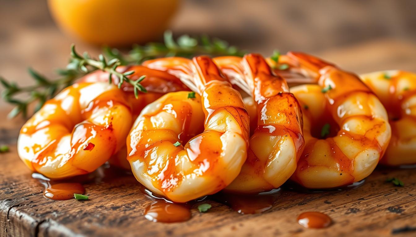 A close-up shot of succulent grilled shrimp, glistening with a vibrant apricot glaze. The shrimp are arranged artfully on a rustic wooden surface, with a few sprigs of fresh thyme and a sprinkle of chopped parsley for garnish. The lighting is soft and warm, casting a gentle glow on the shrimp and highlighting their delicate texture. The background is slightly blurred, maintaining the focus on the hero ingredient - the apricot-glazed shrimp. The overall mood is one of appetizing simplicity, inviting the viewer to imagine the sweet and savory flavors.