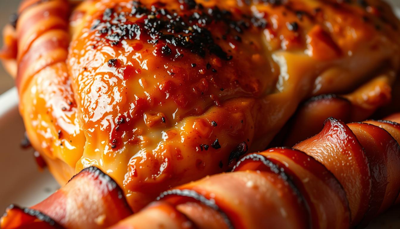A delectable close-up of a succulent chicken thigh, skin glistening with a rich, caramelized glaze. The golden-brown surface is accentuated by strategic lighting, casting subtle shadows that highlight the texture. In the foreground, slices of crisp, salty bacon are meticulously wrapped around the chicken, creating a mouthwatering visual harmony. The background is a clean, neutral setting, allowing the star of the dish to take center stage. The overall composition conveys a sense of culinary perfection, enticing the viewer to imagine the savory, juicy flavors and the satisfying crunch of the bacon-wrapped chicken.