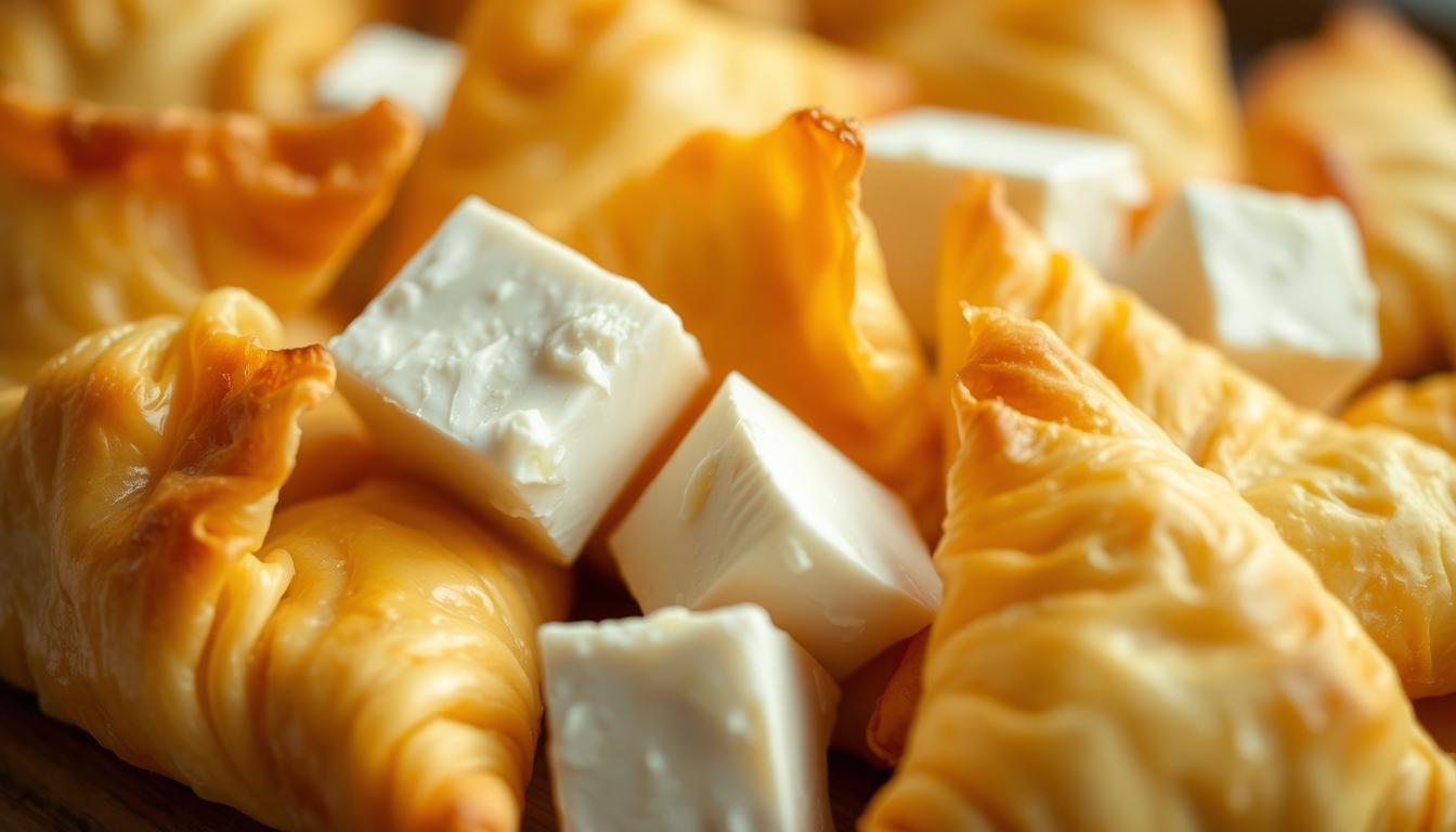 A delightful close-up of brie cheese cubes nestled among crisp, golden puff pastry triangles. The soft, creamy brie is beautifully contrasted by the flaky, buttery pastry, creating a visually stunning and mouthwatering composition. Captured in natural lighting with a shallow depth of field, the image has a warm, inviting atmosphere, drawing the viewer's attention to the essential ingredients for crafting the perfect brie in puff pastry dish. The camera is positioned at a slight angle, providing an enticing perspective that showcases the texture and layers of this irresistible sweet and savory combination.