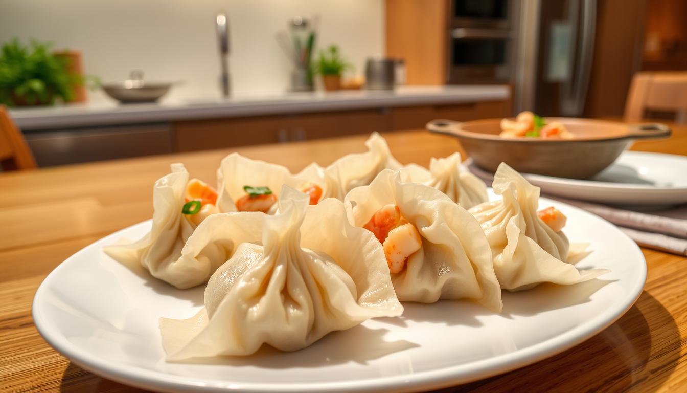 A succulent plate of seafood dumplings, freshly steamed and glistening. In the foreground, the delicate wrappers reveal a filling of tender shrimp, scallops, and crab, accented with aromatic ginger and scallions. The dumplings are arranged artfully on a sleek white plate, casting soft shadows. The middle ground shows a wooden table with a simple linen napkin, complementing the natural tones of the dumplings. In the background, a clean, minimalist kitchen setting with stainless steel appliances and a touch of greenery, creating a refined, culinary atmosphere. Warm, diffused lighting casts a gentle glow, highlighting the intricate textures and inviting flavors of the essential ingredients for these delectable salmon wontons.