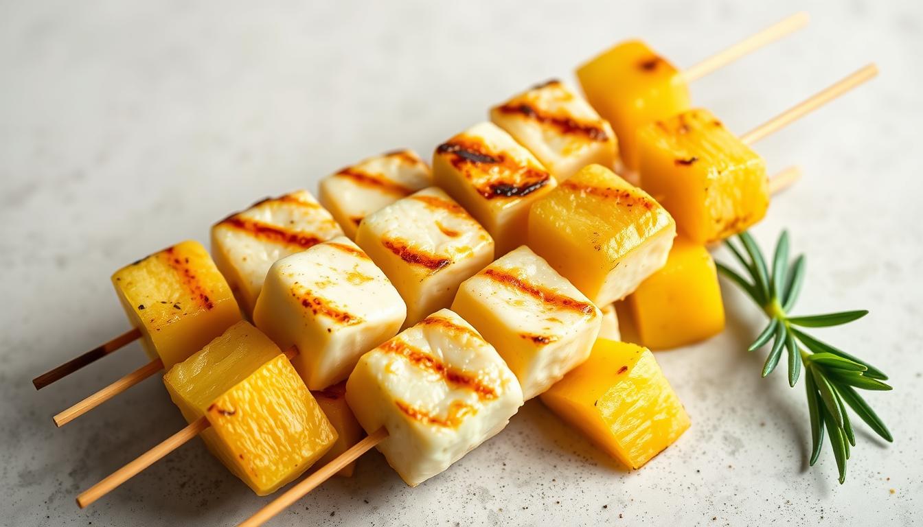 A mouthwatering still life showcasing halibut and pineapple skewers, set against a neutral background. The halibut fillets are perfectly grilled, glistening with a light glaze, while the pineapple cubes are juicy and caramelized. The skewers are arranged in an artful, diagonal composition, allowing the viewer to appreciate the vibrant colors and textures of the ingredients. Soft, natural lighting illuminates the scene, casting gentle shadows and highlighting the delicate interplay of flavors. The overall mood is one of culinary excellence and appetizing allure, inviting the viewer to imagine the delicious taste and aroma of these flavorful skewers.