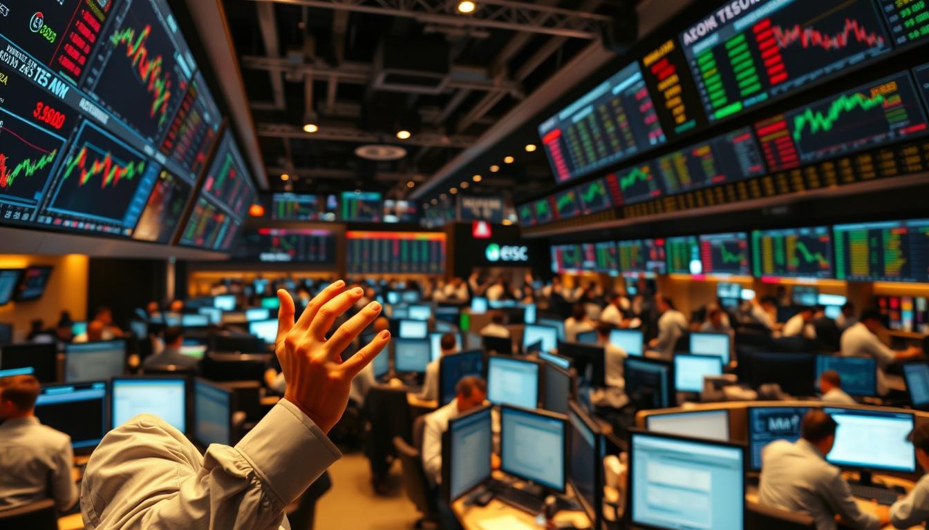 A bustling forex trading floor with traders intently monitoring multiple screens displaying candlestick charts, order books, and real-time market data. The scene is bathed in the warm glow of overhead lighting, creating a sense of intensity and focus. In the foreground, a trader gestures animatedly, their face a mask of concentration as they execute a series of trades. The middle ground is filled with a maze of desks, keyboards, and computer equipment, while the background is a blur of activity, with traders constantly moving and communicating. The overall atmosphere conveys the dynamic, high-stakes nature of the forex market.