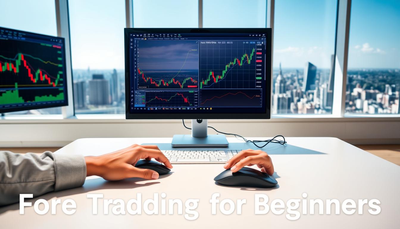 A well-lit, clean and modern office setting with a desk, computer, and financial charts displayed on the screen. In the foreground, a person's hands are using a mouse and keyboard, engaged in forex trading activities. The middle ground features a large monitor displaying real-time forex data, price charts, and trading indicators. The background showcases a panoramic view of a cityscape through large windows, conveying a sense of the global nature of the forex market. The lighting is bright and natural, creating a professional and informative atmosphere. The overall scene communicates the concept of "Forex Trading for Beginners" in a visually engaging and informative manner.