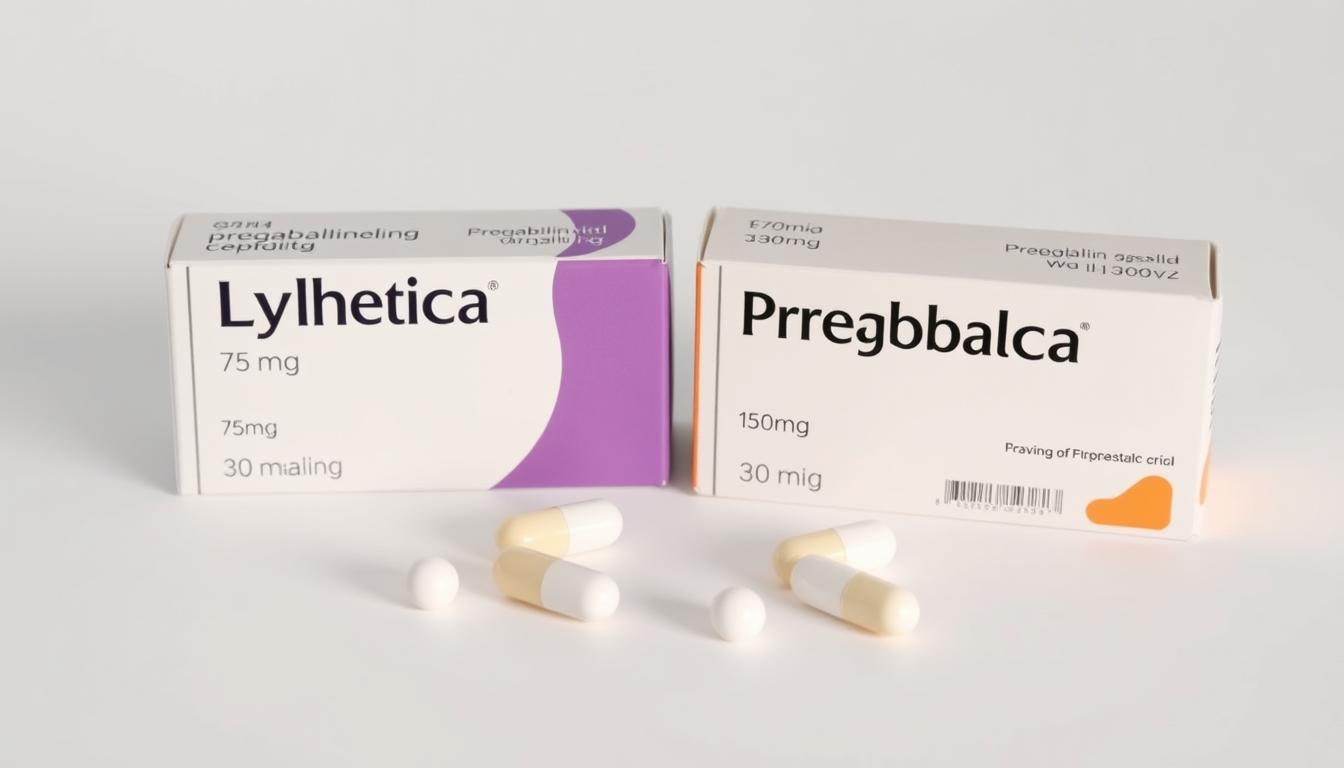 Pregabalin capsules in 75mg and 150mg dosages with packaging showing Lyrica and generic versions