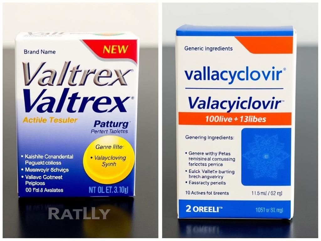 Comparison of brand-name Valtrex and generic valacyclovir packaging
