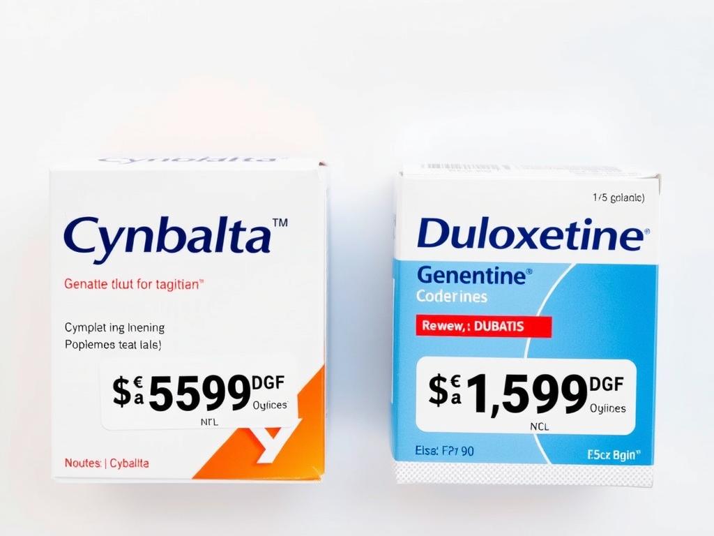 Comparison of brand name Cymbalta and generic duloxetine with price tags showing cost difference