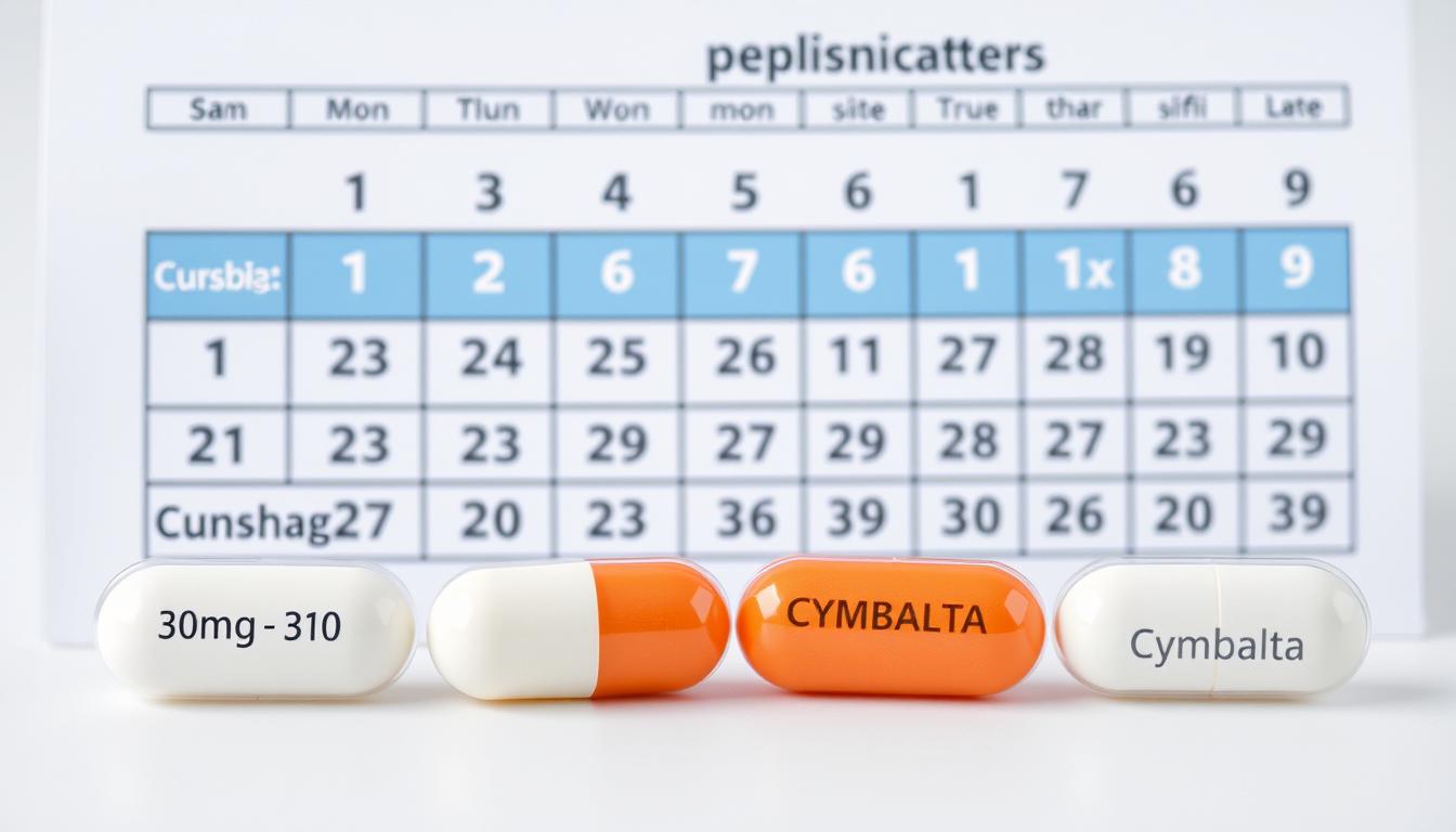 Different Cymbalta dosage capsules (20mg, 30mg, 40mg, 60mg) with dosing calendar