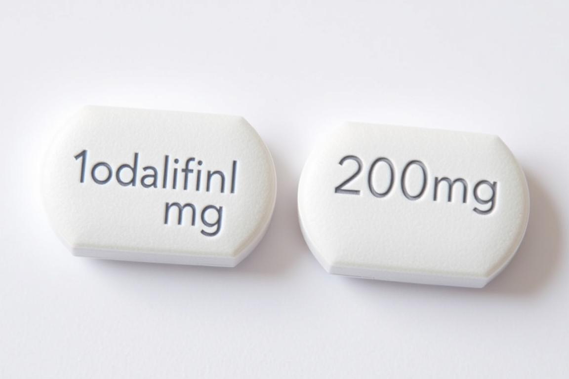 Modafinil 100mg and 200mg tablets with dosage comparison