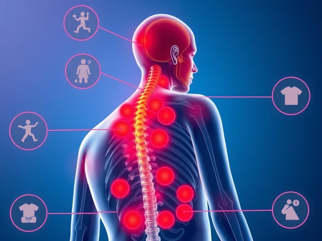 Person with fibromyalgia pain shown with highlighted pain points throughout the body