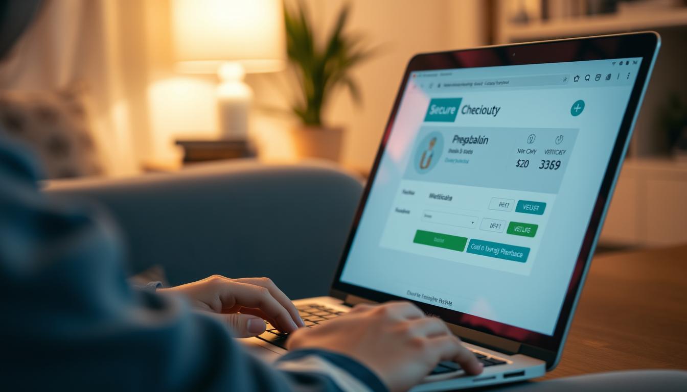 Person safely ordering pregabalin from a verified online pharmacy website on a laptop