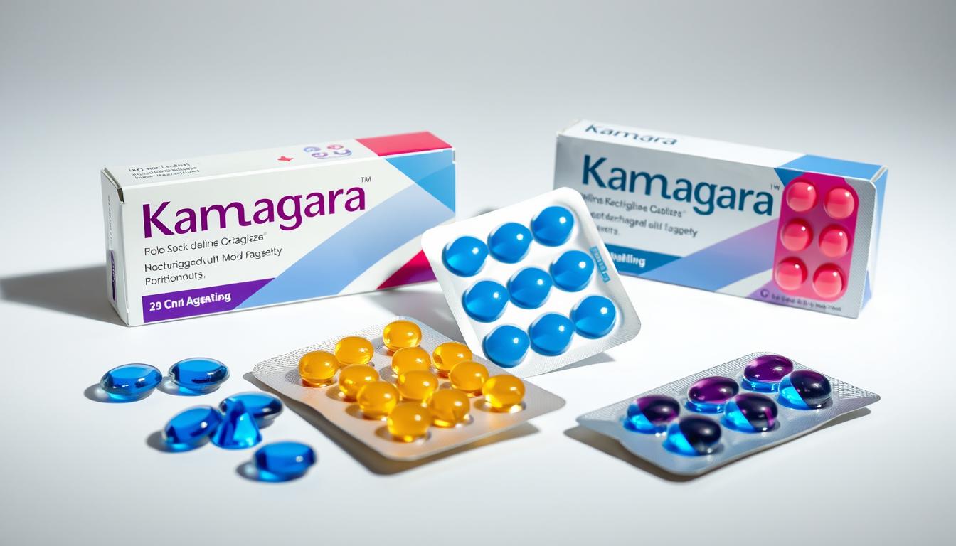 Kamagra medication packaging showing various product forms including tablets and oral jelly sachets