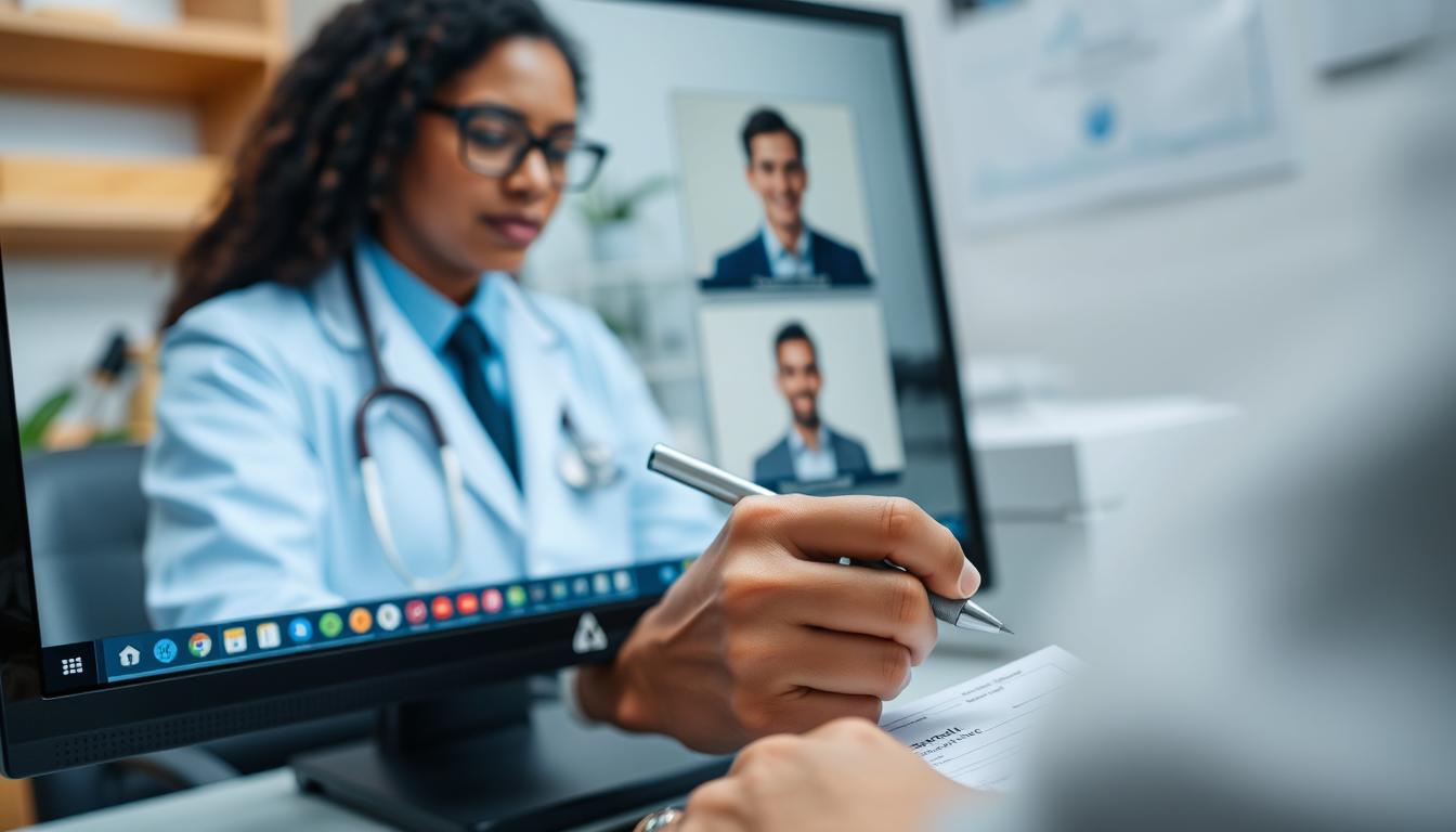 Doctor writing a prescription for Seroquel during a telehealth consultation