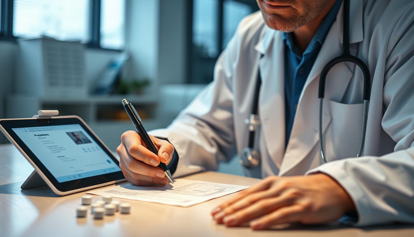 Doctor writing a prescription for pregabalin with a digital tablet showing telehealth consultation
