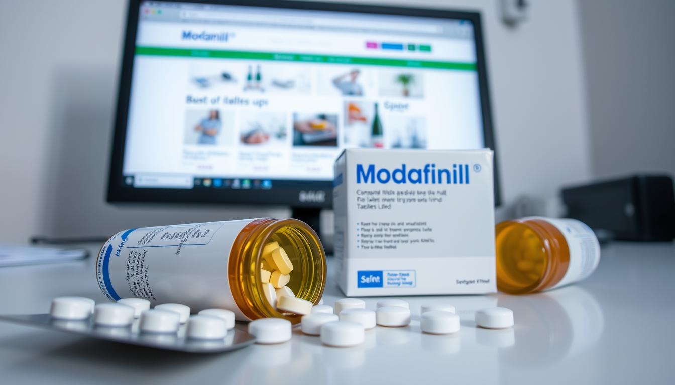 Modafinil tablets with packaging showing buy modafinil online options