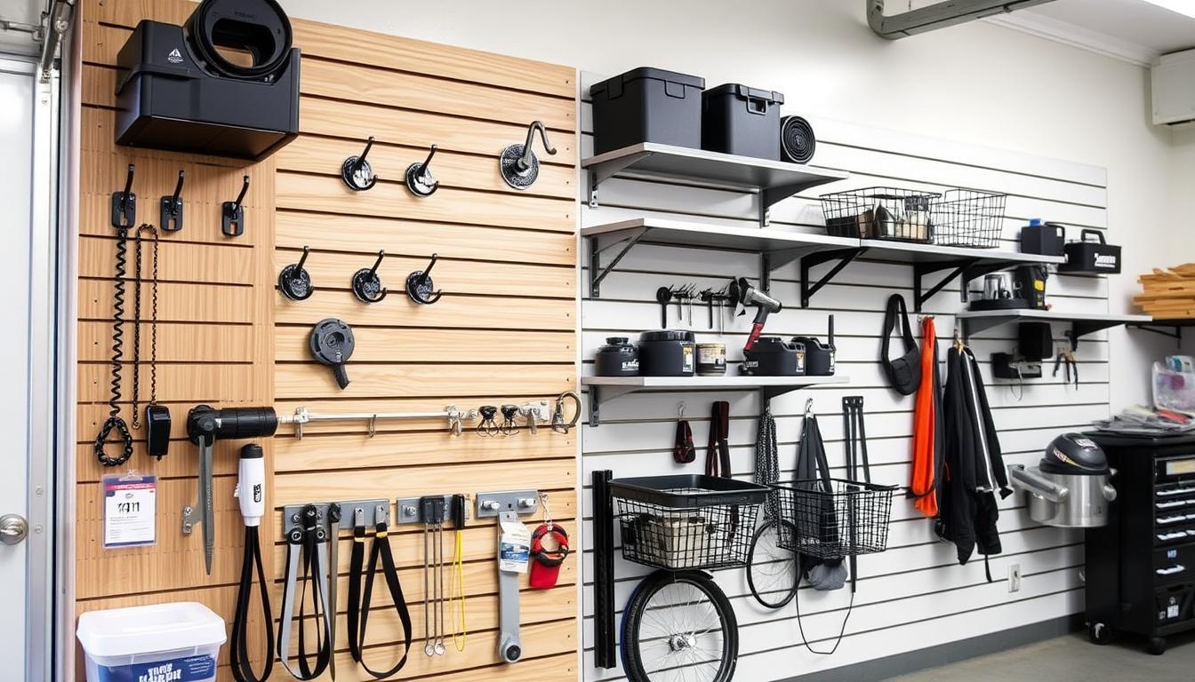 Slatwall panels with various accessories including hooks, shelves and baskets for MDF vs PVC slatwall comparison