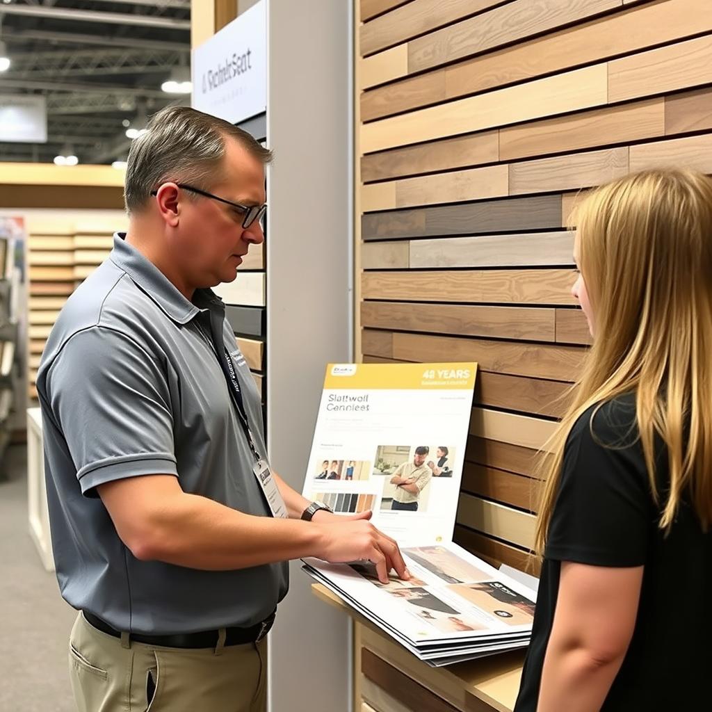 Experienced slatwall specialist providing consultation to customer about MDF vs PVC slatwall options