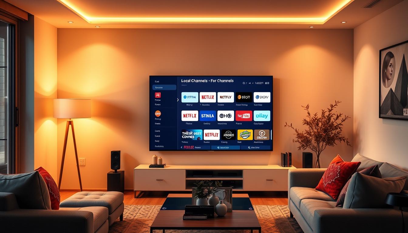 A modern living room set with a large flat-screen TV prominently displayed, showcasing the PiccoloTV.com streaming service interface and its affordable pricing for local channels. Warm, inviting lighting casts a cozy glow, while sleek, minimalist furniture and decor create a contemporary atmosphere. The TV screen presents a clean, intuitive UI with easy-to-navigate menus, highlighting the service's user-friendly experience for streaming enthusiasts on a budget.