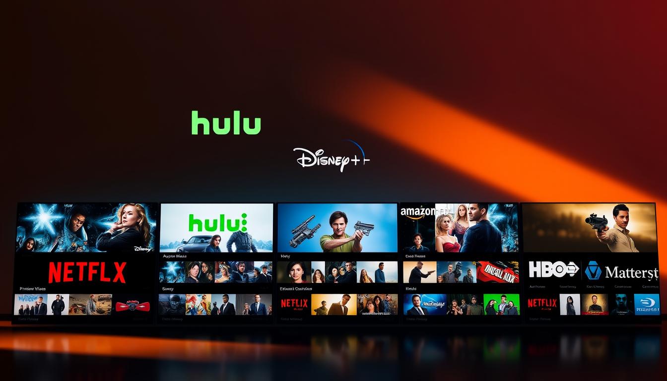 A detailed comparison of major premium streaming platforms, depicted against a sleek, minimalist background. In the foreground, vivid icons and logos for Netflix, Hulu, Disney+, Amazon Prime Video, and HBO Max are arranged in a dynamic grid layout. The middle ground features high-quality thumbnail images of popular movies and shows from each service, presented in a visually striking collage. Warm, directional lighting casts subtle shadows, creating depth and a sense of premium quality. The overall mood is professional, informative, and designed to showcase the key features and offerings of the top streaming destinations.