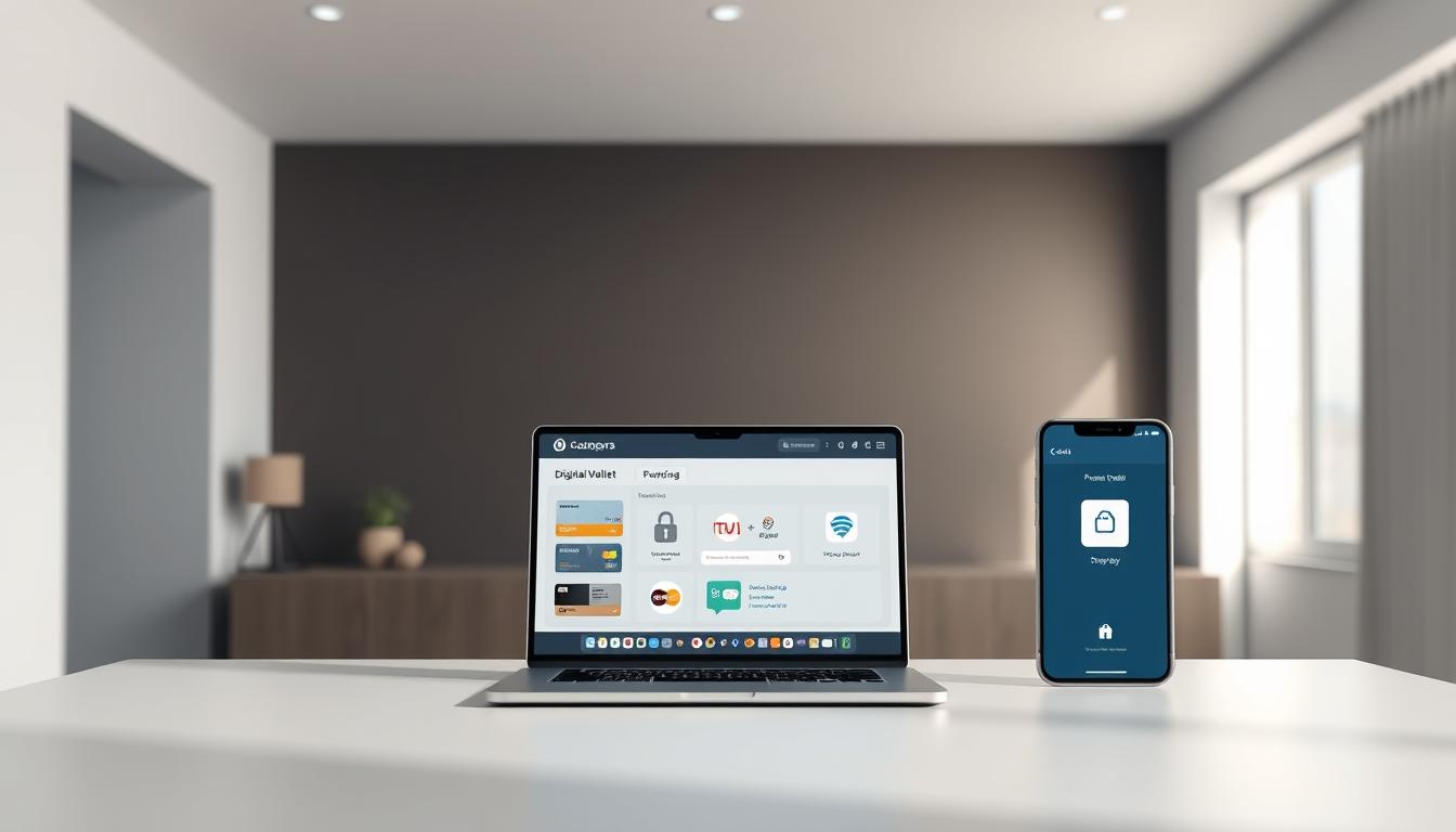A high-quality, photorealistic image depicting various payment options for a streaming service. The foreground features a minimalist dashboard showcasing digital wallet logos, credit card icons, and mobile payment symbols. The middle ground displays a laptop, tablet, and smartphone displaying secure transaction screens. The background is a modern, sleek interior with muted colors and clean lines, creating a sense of sophistication and technology. Soft, indirect lighting illuminates the scene, casting subtle shadows and highlights to enhance the 3D depth. The overall composition conveys a professional, streamlined, and trustworthy experience for consumers selecting their preferred payment method for a streaming subscription.