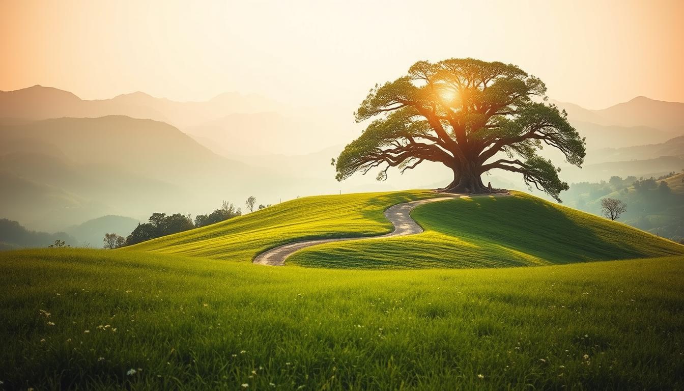 A serene and tranquil landscape, with a lush green meadow in the foreground, dotted with delicate wildflowers. In the middle ground, a winding path leads the eye towards a gently sloping hill, upon which stands a majestic banyan tree, its branches casting a warm, dappled light across the scene. In the background, a range of rolling, mist-shrouded mountains create a sense of depth and grandeur. The overall atmosphere is one of peaceful contemplation, inviting the viewer to imagine the steady, consistent growth of wealth over time, like the slow, steady expansion of the banyan tree's roots and branches. The lighting is soft and diffuse, with a golden hue that suggests the warmth and stability of a long-term investment strategy.