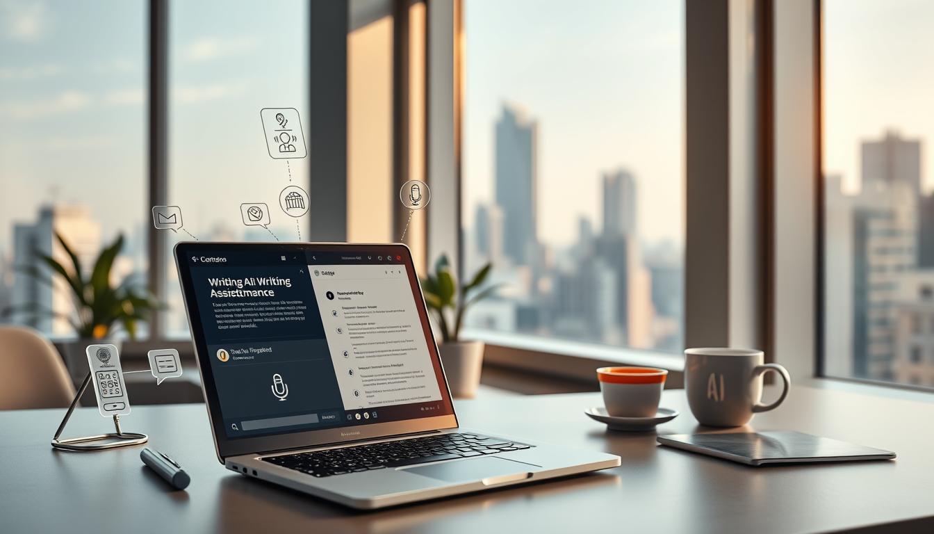 A sleek, modern workspace with an array of digital tools and interfaces. In the foreground, a laptop displays an AI-powered writing assistant, surrounded by a stylized toolkit including a digital pen, a voice recorder, and a semantic search bar. The middle ground features a minimalist desk with a potted plant and a cup of coffee, bathed in warm, directional lighting. The background showcases a cityscape through large windows, conveying a sense of an urban, tech-forward environment. The overall atmosphere is one of productivity, innovation, and the seamless integration of AI into the creative writing process.