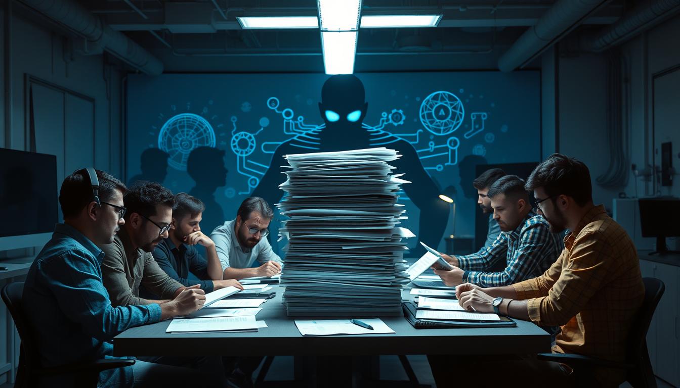 A bustling product development office, with engineers and designers huddled around a conference table, grappling with a towering stack of AI-related documents and schematics. Shadowy figures of advanced AI models loom in the background, their algorithms and limitations casting an ominous presence. Fluorescent lighting casts harsh shadows, highlighting the furrowed brows and tense expressions of the team as they navigate the challenges of integrating AI into their innovative workflows. An atmosphere of uncertainty and technological complexity permeates the scene, underscoring the delicate balance between human creativity and machine intelligence.
