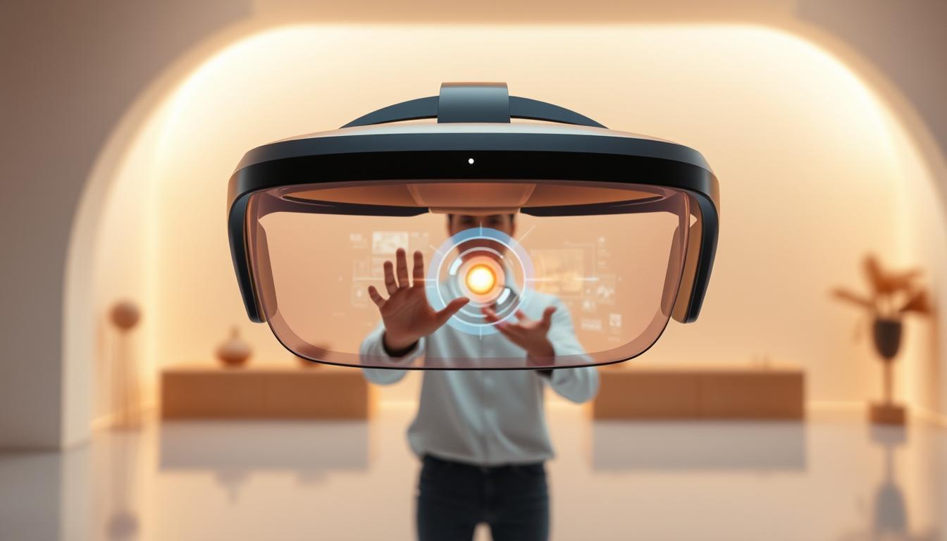 A sleek, futuristic AR headset hovers in the foreground, its streamlined design and advanced optics showcasing the cutting-edge Xreal One Pro technology. In the middle ground, a user interacts with a vibrant, holographic interface, their hand gestures seamlessly controlling the display. The background depicts a minimalist, ultramodern environment, bathed in warm, diffused lighting that enhances the device's premium aesthetic. The entire scene conveys a sense of effortless, immersive digital interaction, where the Xreal One Pro blends seamlessly with the user's physical world, redefining the future of spatial computing.