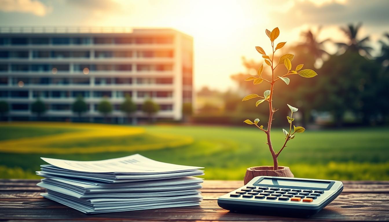 A well-balanced retirement portfolio with an annuity plan as its foundation. A serene landscape with a modern office building in the background, reflecting the tranquility and security of a well-planned financial future. In the foreground, a stack of financial documents and a calculator, symbolizing the careful analysis and calculation required to create a balanced investment strategy. Warm, natural lighting illuminates the scene, conveying a sense of stability and growth. The overall composition aims to strike a balance between growth and safety, with the annuity plan representing the secure foundation upon which a prosperous retirement can be built.