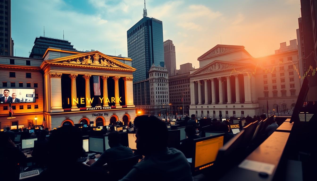 A panoramic view of the New York Stock Exchange, with its iconic building and bustling trading floor, positioned prominently in the foreground. In the middle ground, silhouettes of Indian traders and investors huddled around their terminals, closely monitoring the real-time data feeds and indicators. In the background, a subtle yet dynamic representation of the Indian equity market, with the Sensex and Nifty indices fluctuating against a backdrop of global economic forces, including the Federal Reserve's monetary policy decisions. The scene is illuminated by a warm, golden light, creating a sense of tension and anticipation as the two markets intertwine.