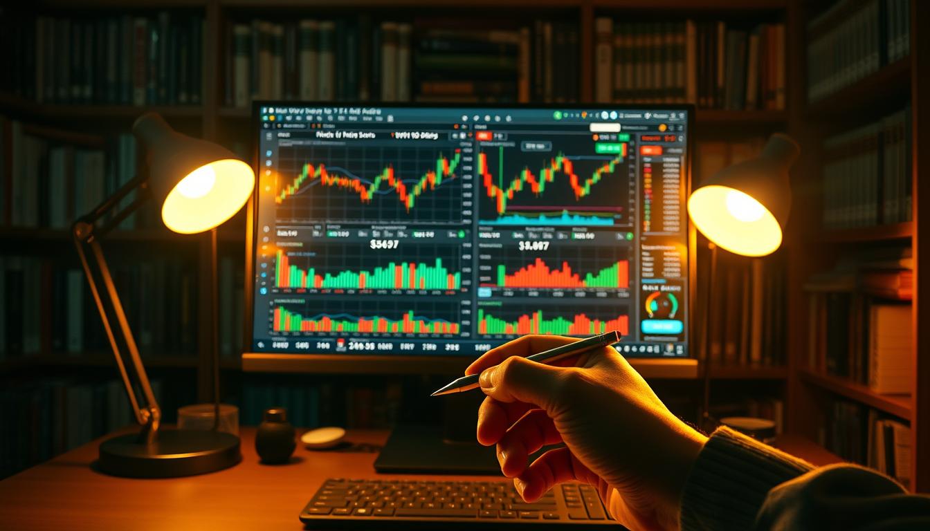 A data-driven technical analysis dashboard showcasing candlestick charts, trading indicators, and market data visualizations for penny stocks. The scene is set in a dimly lit office with a large computer monitor at the center, displaying a range of financial metrics and analysis tools. The monitor is flanked by task lamps casting a warm glow, creating a focused and serious atmosphere. In the foreground, a hand holds a pen, poised to take notes while studying the technical patterns unfolding on the screen. The background features a bookshelf filled with finance and investment references, conveying an aura of expertise and professionalism.
